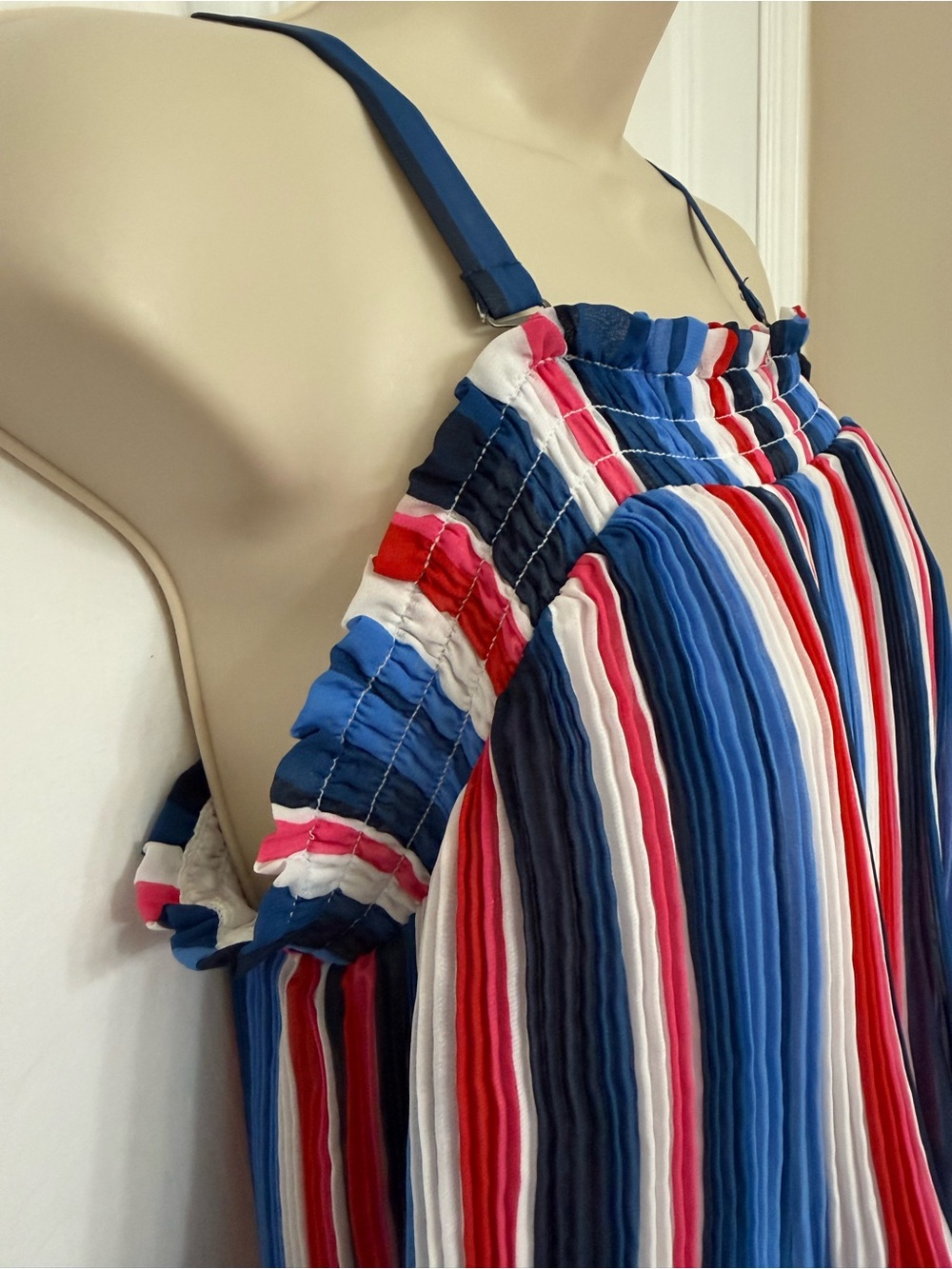 Lane Bryant Pleated Stripe Maxi Dress 14/16 Cold Shoulder Blue Red White - Picture 6 of 12